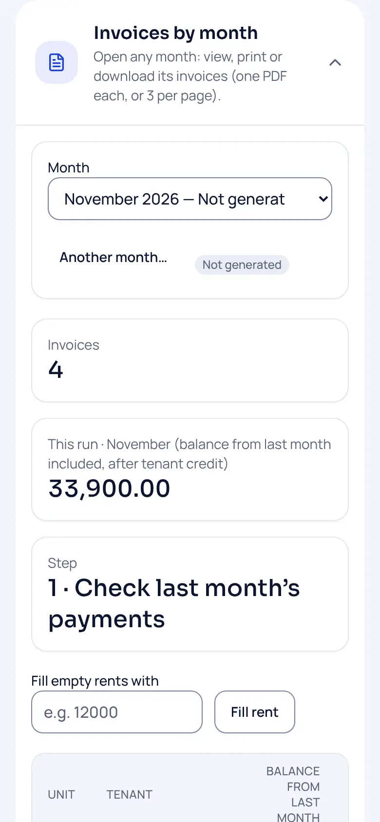 Sample workspace on a phone, invoices table for the next month.