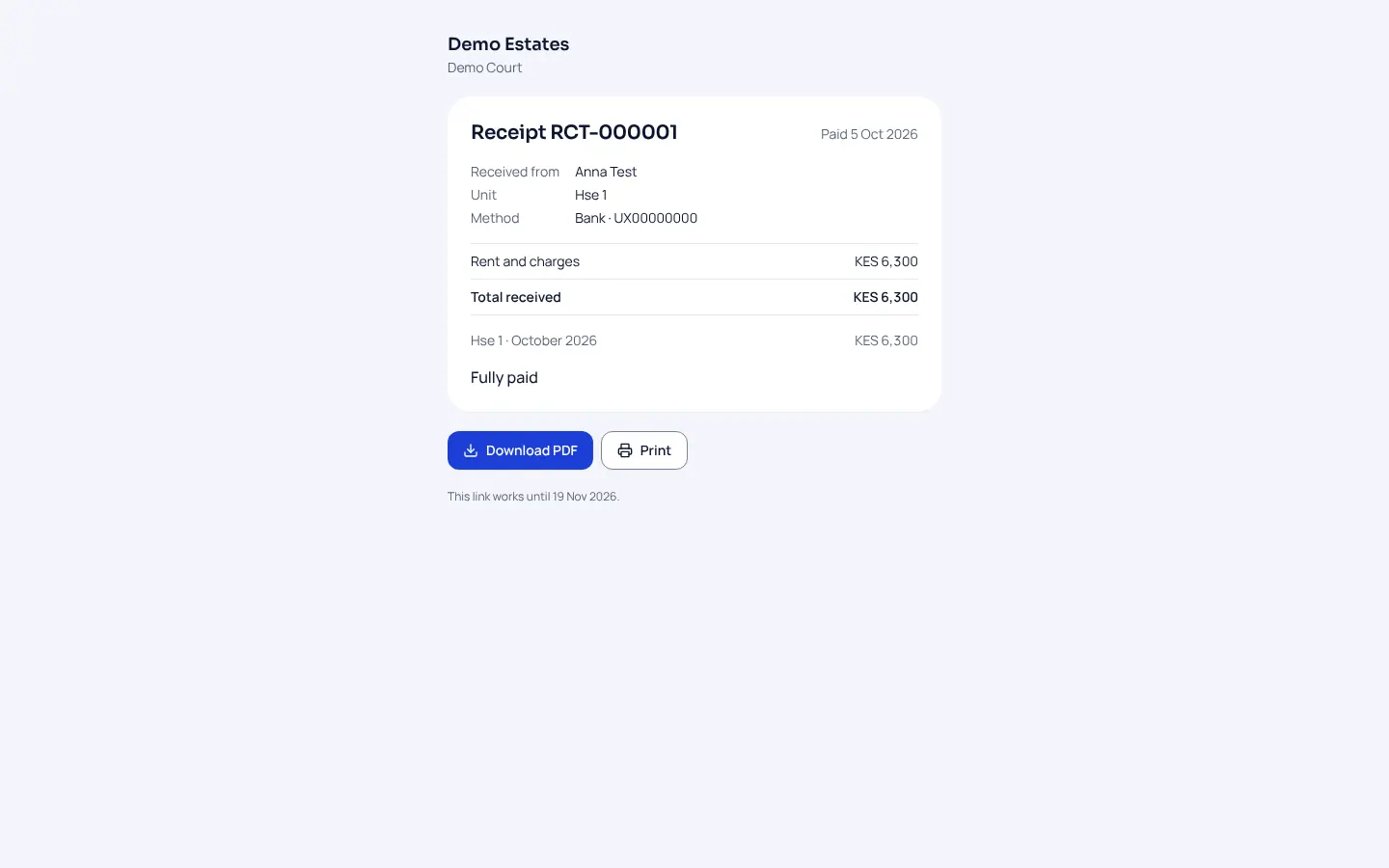 Sample receipt page: Receipt RCT-000001 for 6,300 shillings received from a tenant for one unit, marked Fully paid, with Download PDF and Print buttons.