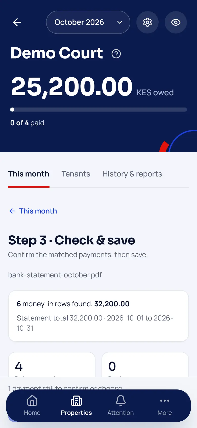 Sample workspace on a phone, Check and save screen: 6 money-in rows found, 32,200.00, the same as the statement total.