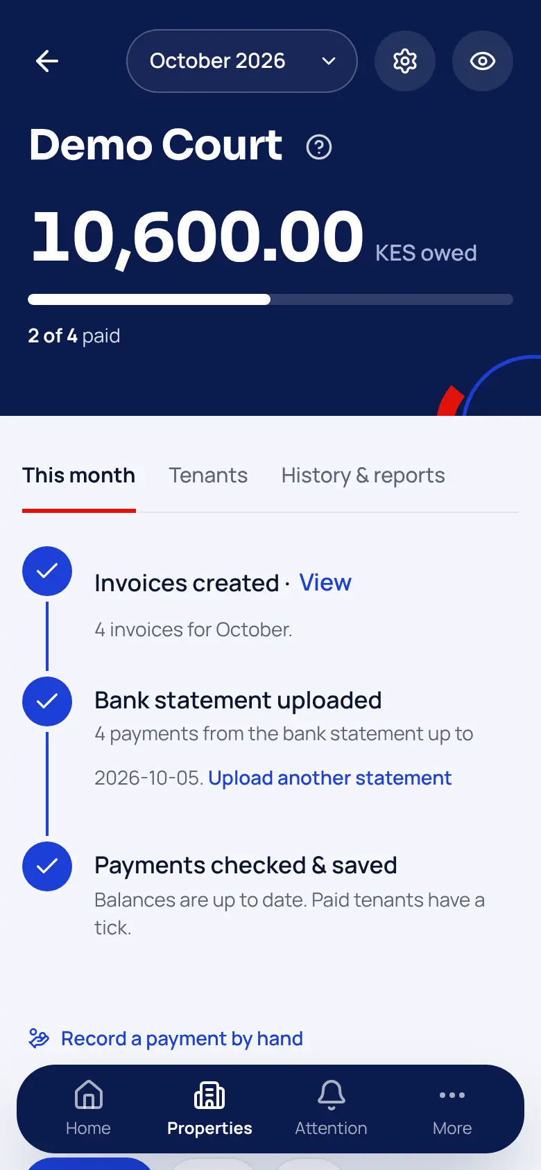 Sample workspace on a phone, This month screen: 10,600 still owed and 2 of 4 tenants paid.